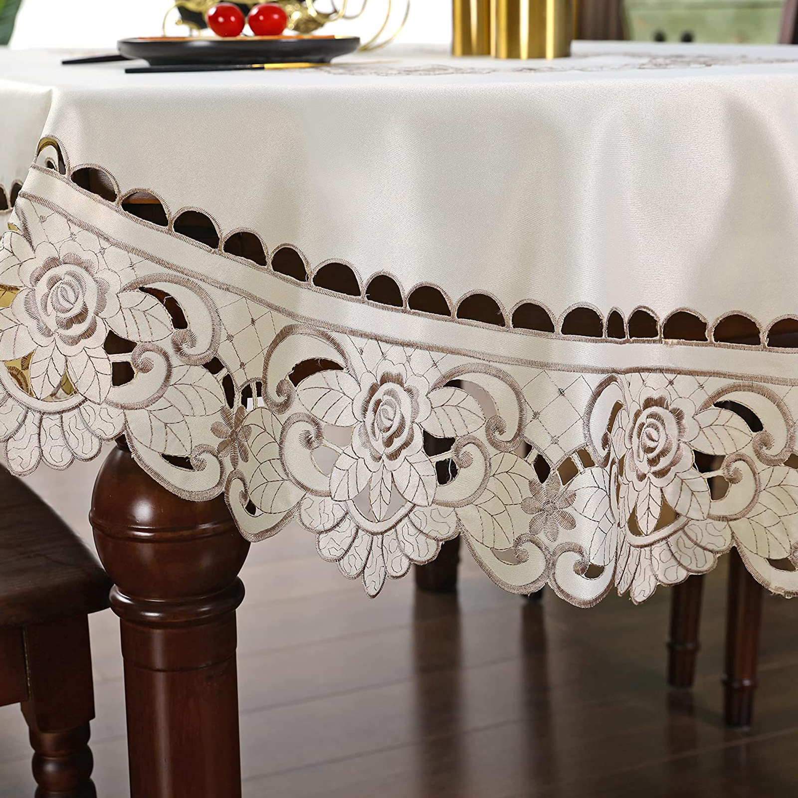 Vintage Embroidered Lace Floral Tablecloth Oval Dining Table Cloth